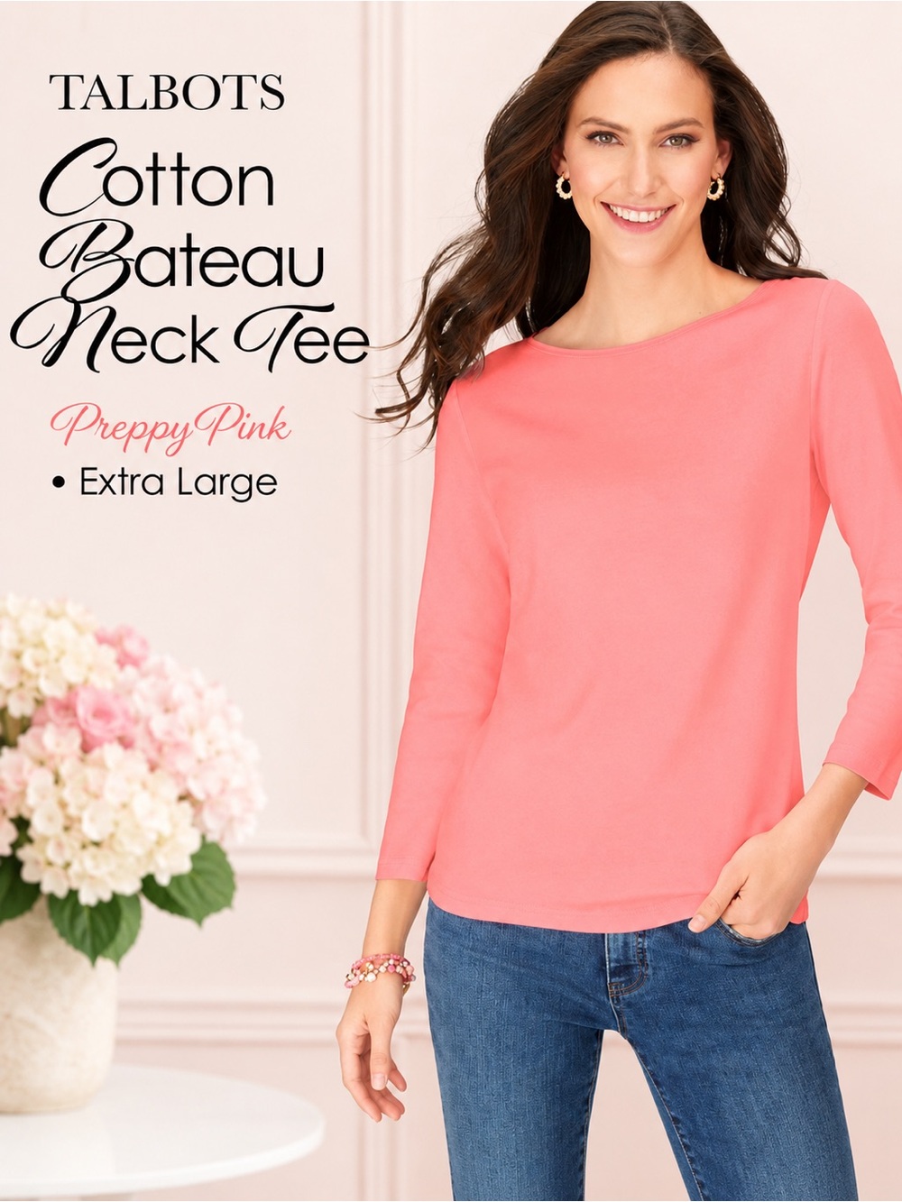 Talbots Cotton Bateau Neck Tee Preppy Pink NEW